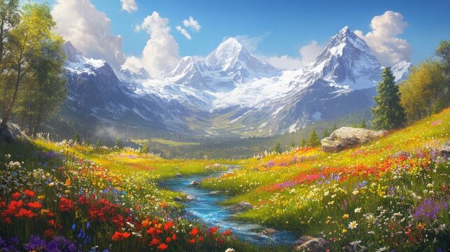 Vibrant wildflowers bloom in a picturesque alpine meadow, a tranquil stream meanders through the colorful landscape towards majestic snow-capped mountains under a sunny sky.