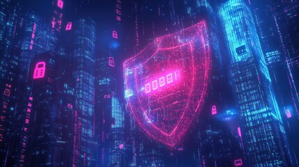Futuristic digital shield with code over city.