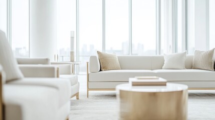 Fototapeta premium Minimalist living room with white and muted gold furniture. Featuring a clean, bright layout with minimal decoration