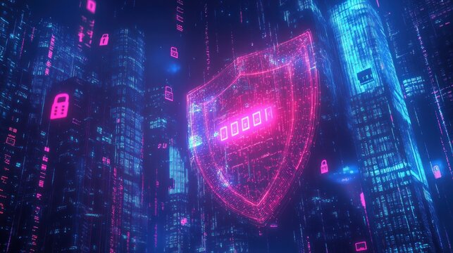 Futuristic digital shield with code over city.