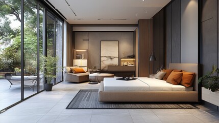Modern bedroom with large bed, stylish decor, and floor-to-ceiling windows. Perfect for interior design, real estate, or home d&eacute;cor websites.