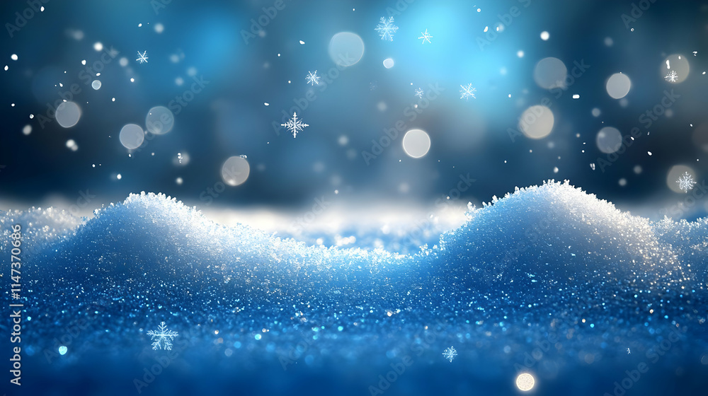 Poster snowflakes falling gently on sparkling snow with softly blurred background