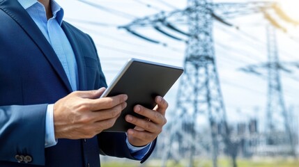 A businessman in a suit holding a tablet, standing near electrical power lines, representing energy management and technology.