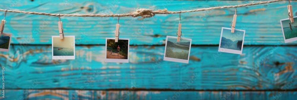 Aufkleber polaroid photos hanging on a string showcasing memories against a bright blue wooden background. gen