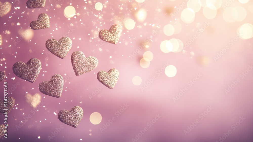 Poster glittering hearts with shimmering bokeh on a soft pink background