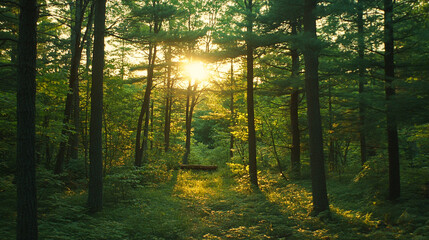 Sunlight filters through tall trees in a tranquil forest at dusk. 