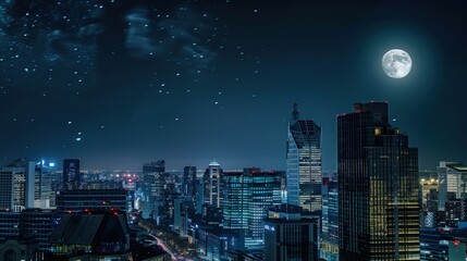 Obraz premium The city at night comes alive with a dazzling display of lights, painting the skyline in hues of gold and white