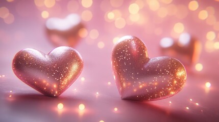 Fototapeta premium Sparkling Hearts on a Soft Pink Background with Blurry Bokeh Lights