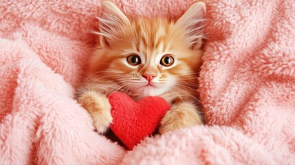 Cute Orange Kitten Holding Red Heart on Soft Pink Blanket