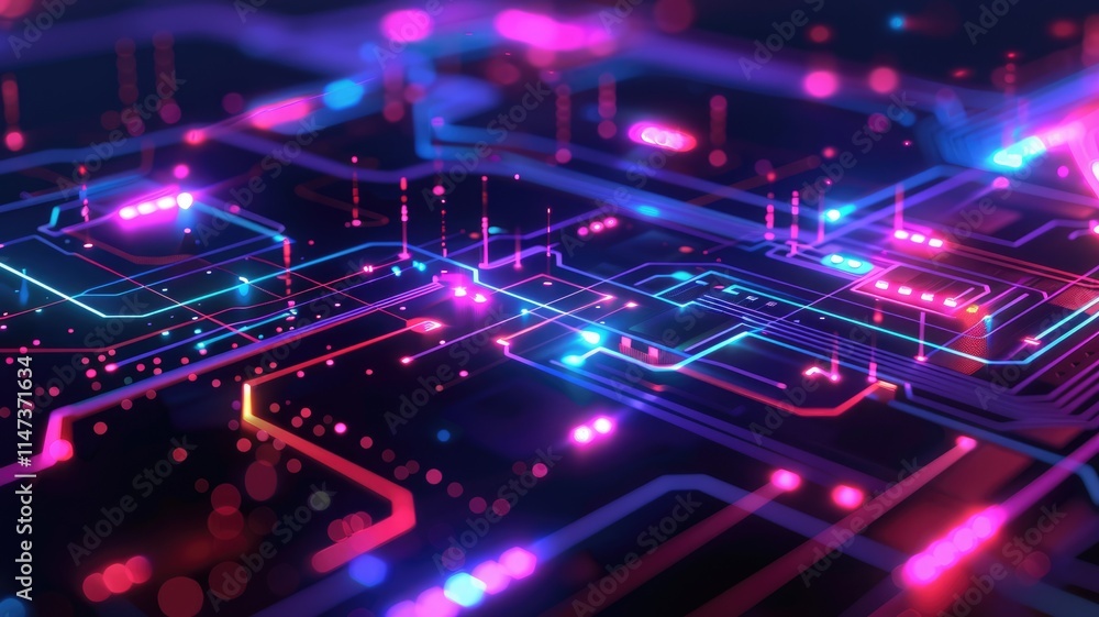 Aufkleber Vibrant abstract graphic representing embedded computing technology, featuring colorful lines and lights on a digital circuit board. Perfect for technology-related projects.