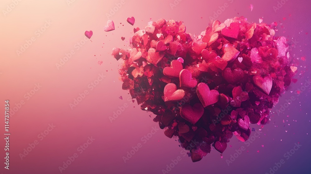 Poster heart shape made of colorful hearts with soft gradient background