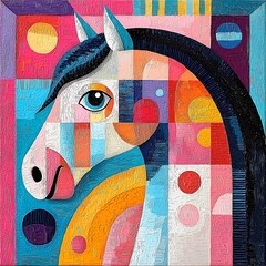 Abstract Geometric Portrait of a Horse's Head in Vibrant Colors.