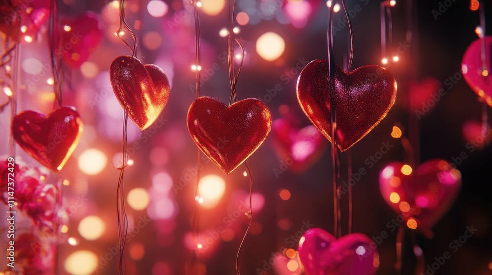 Poster shimmering red hearts on strings with colorful bokeh background