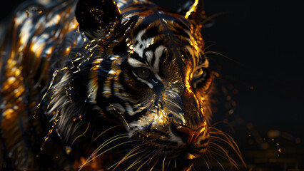 Majestic black tiger with golden accents in a digital art style