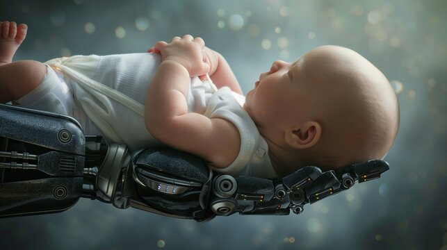 A cyborg with a baby shows the mix of parenthood and technology, giving hope for the future