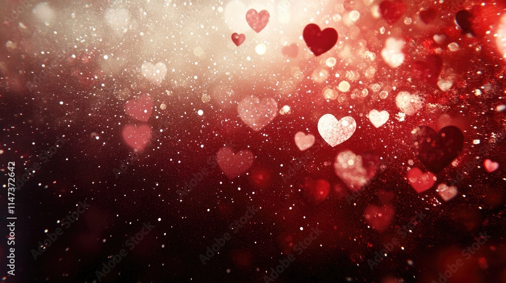 Poster romantic background with floating hearts and sparkling bokeh effects