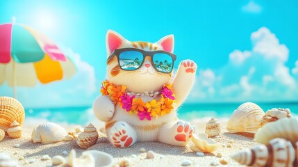 Obraz premium Tropical Lucky Cat Figurine with Sunglasses and Lei on a Sunny Beach
