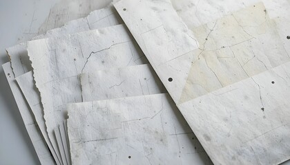 A photograph depicting a stack of old, weathered paper sheets with visible pencil marks and stains. The edges of the paper are frayed and worn.