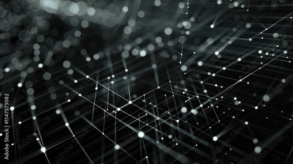 Poster this image features a futuristic grid design with white elements on a pitch-black background, convey
