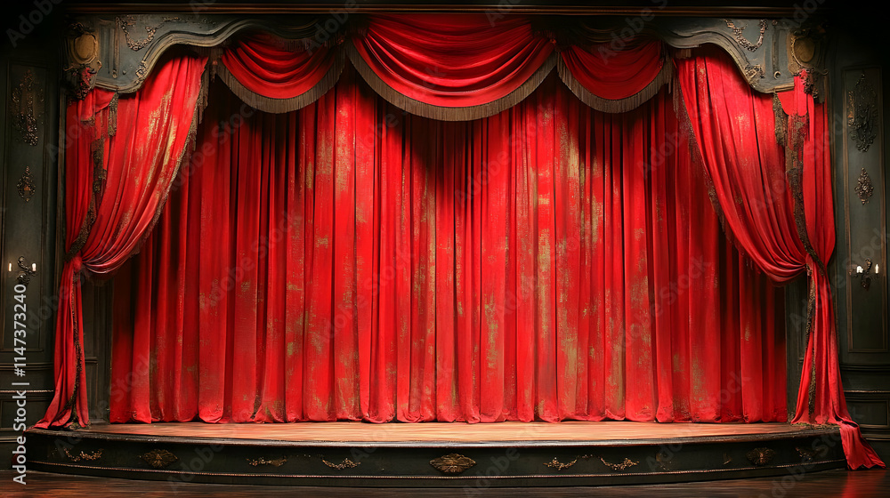 Poster red stage curtains and empty stage await a performance