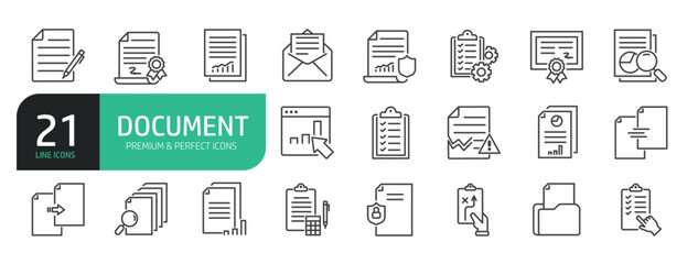 Document line icon set. The set contains icons as Paper, Pen, Document, Page, Sheet, Copy, Report, Document Approved, Checklist, Archive, Document Searching and more.