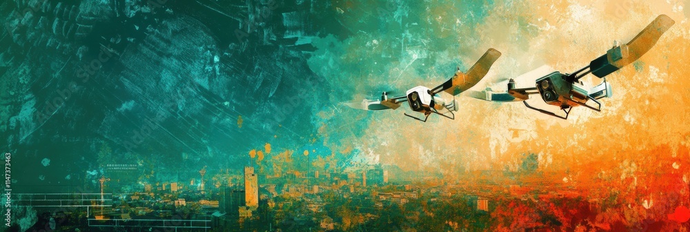Poster automated drones controlled by ai deliver goods over a cityscape during twilight hours. generative a