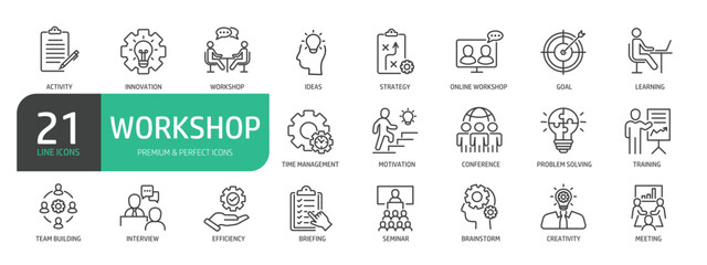 Workshop line icon set.  The set contains icons as   Seminar, Business Convention, Business Conference, Vendors, Business People, Audience, Attendees, Presenter, and more.