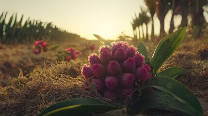 Fototapeta premium close-up of an orchid flower surrounded by crops like rubber or oil palms, representing how ornamental plants are intertwined with economic agriculture in modern farming. [Orchid]:[Economic 