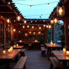 Romantic Outdoor Dining Area With String Lights And Candles