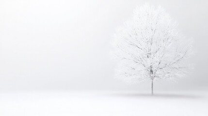 Fototapeta premium Minimalist white tree covered in winter frost stands in a serene, bright high-key landscape.