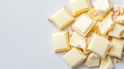 Broken pieces of white chocolate on a light surface.