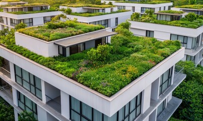 Modern Eco-Friendly Buildings with Green Roofs and Landscaped Gardens