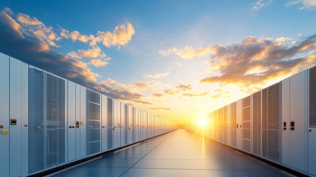 A long row of white computer servers with a bright orange sun in the background