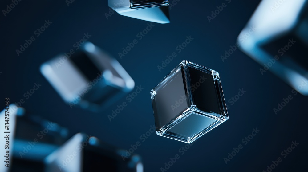 Poster abstract dark blue cubes floating in space: a 3d render of geometric shapes