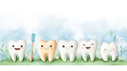 Cute illustrated teeth with happy faces and a toothbrush, promoting oral hygiene for National Children’s Dental Health Month.