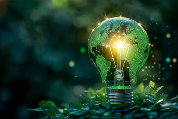 Light bulb on a green world map representing the concept of environmental technology