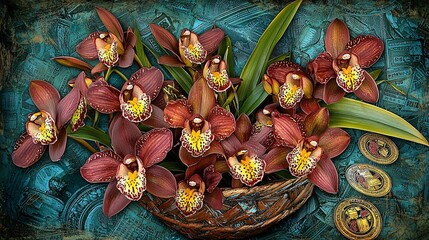 Naklejka premium cluster of orchids in a basket, overlaid with an image of transactions, representing their role in the floral market. | [Orchid]:[Economic plants] 