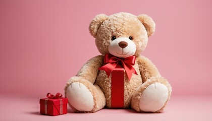 Obraz premium Big cute teddy bear on the left side isolated on a pink background
