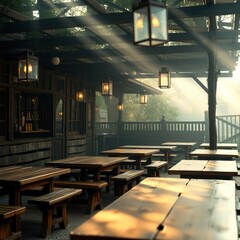 Sunlit Outdoor Wooden Tables and Benches at a Rustic Restaurant