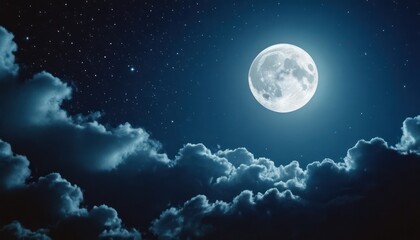 Full moon illuminating clouds and stars in bluish night sky