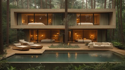 Modern cabin with large windows surrounded by tall trees and a serene pool in a tranquil forest setting