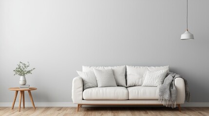 Minimalist living room interior with white sofa, wooden side table, and pendant lamp against a grey wall.
