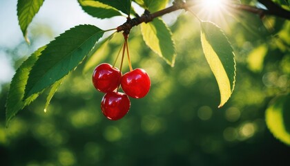 Obraz premium Ripe cherry on a green branch in sunlight