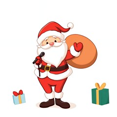 cartoon santa claus holding a sack of presents and a microphone.