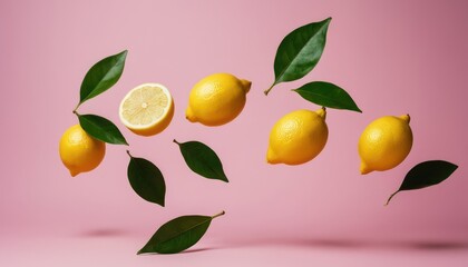 Obraz premium Lemon and leaves on Pink Background, Healthy fruit juice concept background