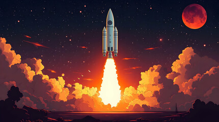 Rocket Launches into Space with Clouds at Sunset