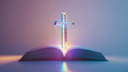 A luminous open book with glowing pages and a polished crystal cross standing behind it, refracting light into rainbow hues. A subtle soft shadow gives depth while the image is isolated on a pristine 
