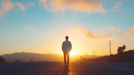 A man is standing on a road at sunset