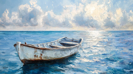 Naklejka premium Serene wooden boat drifting on a tranquil sea under a bright sky. 