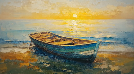 Fototapeta premium Sunset over calm waters with a rustic boat on the shore. 